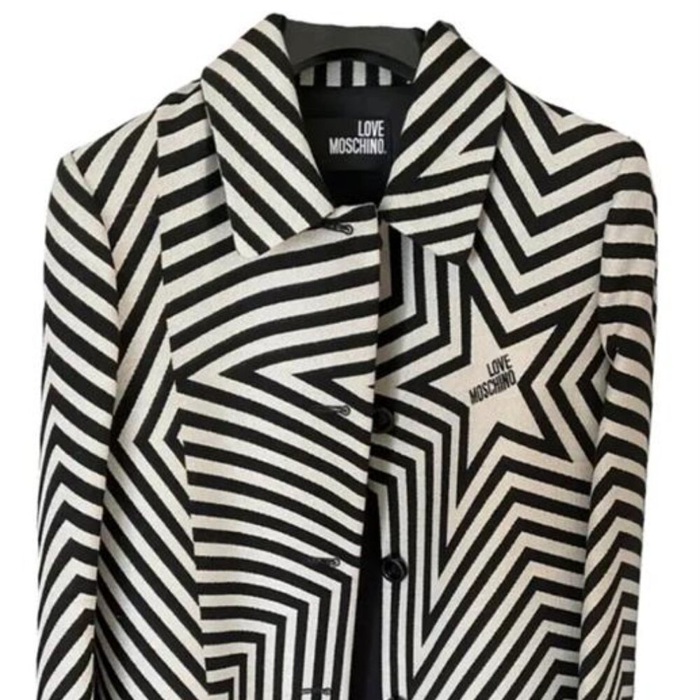 LOVE MOSCHINO Star Print Single-breasted wool coat black white stripe size US 8